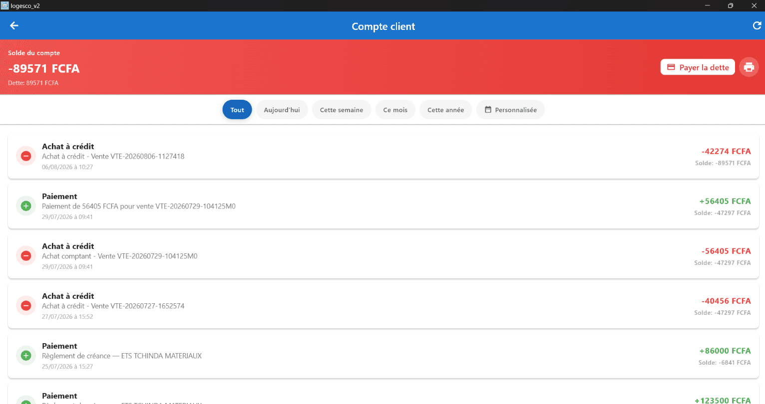 Logesco customer account showing balance due and history of credit purchases and payments