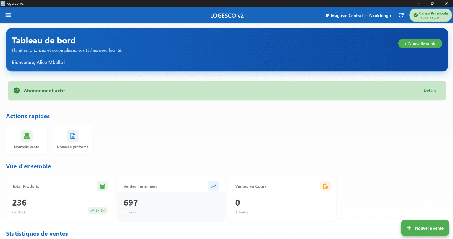 Cashier dashboard in Logesco, limited to actions authorized by their profile