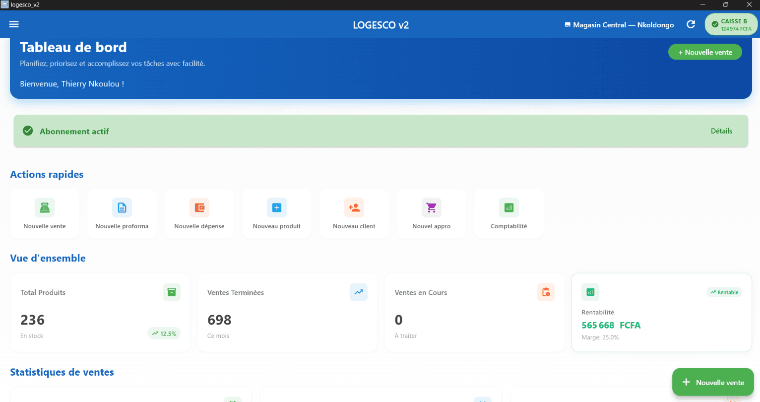 Tableau de bord LOGESCO v2 : caisse ouverte, produits en stock, ventes du mois et rentabilité en FCFA