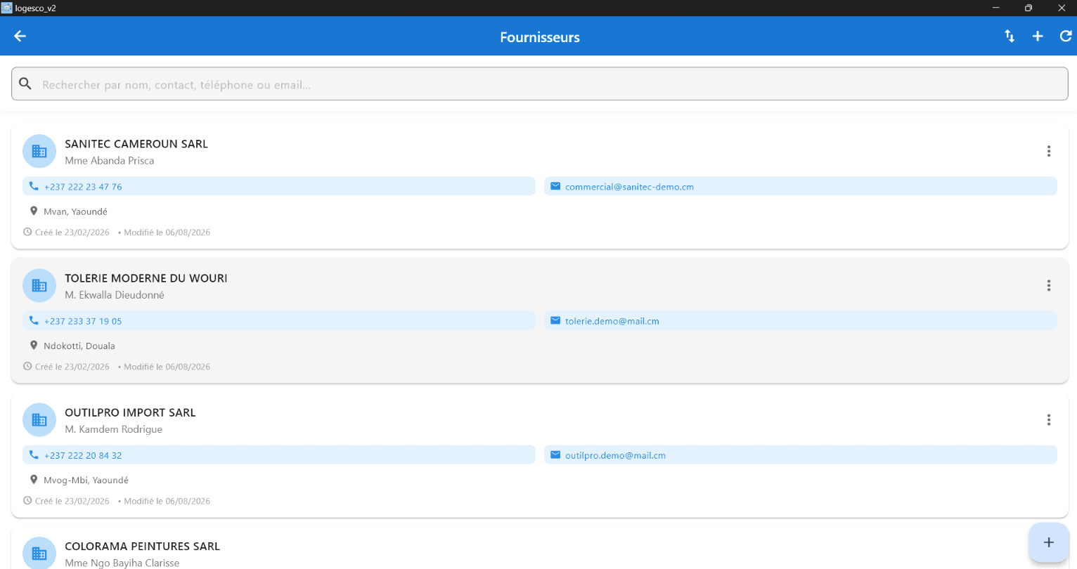 Supplier directory in Logesco with contact person, phone and location