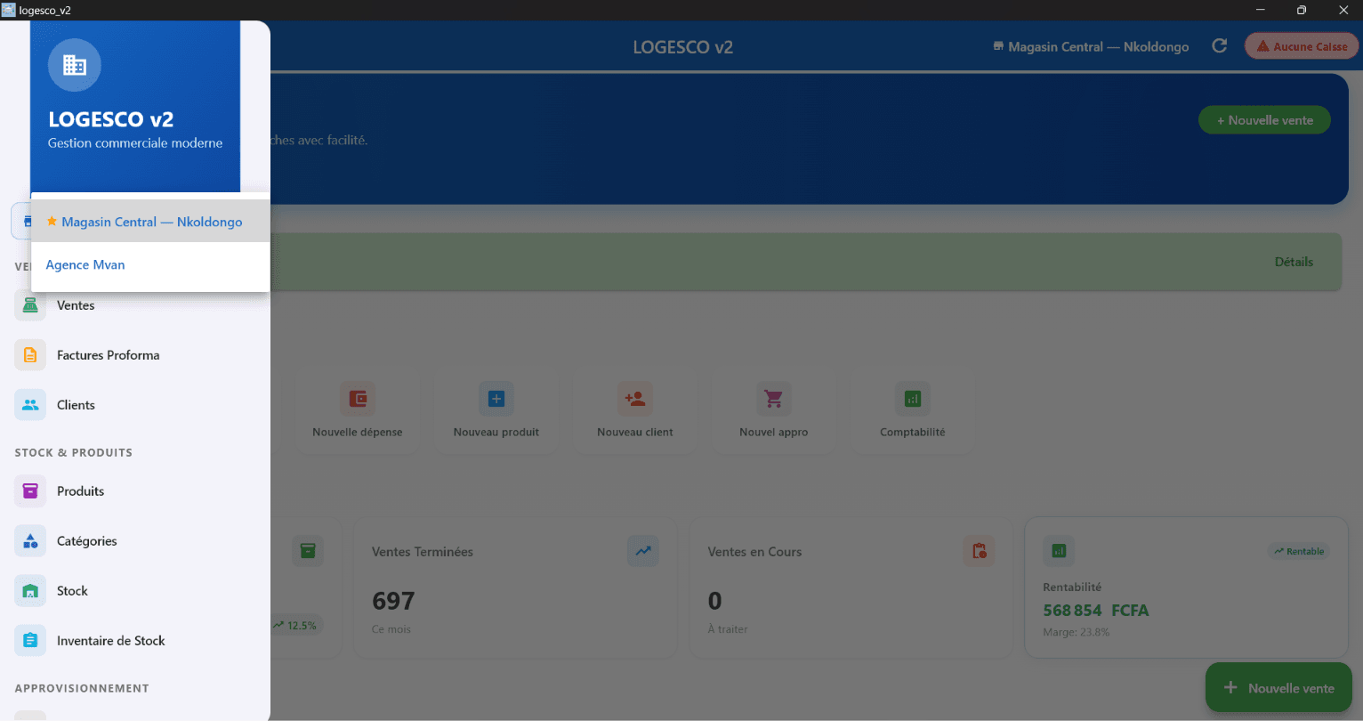 Logesco menu with the selector allowing to switch between the central store and the branch