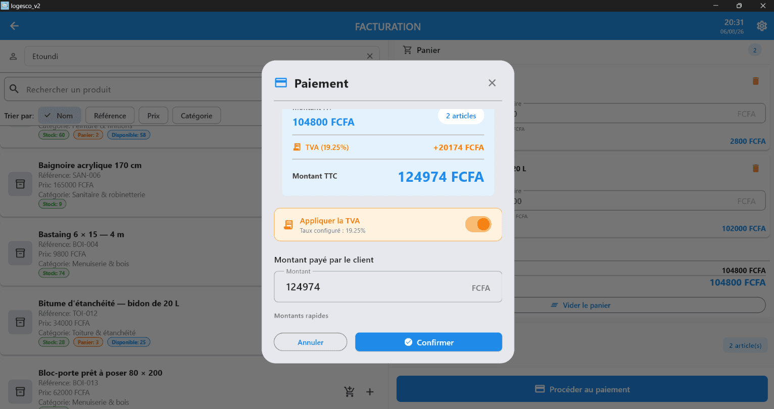 Payment in Logesco with VAT application and automatic calculation of amount including tax