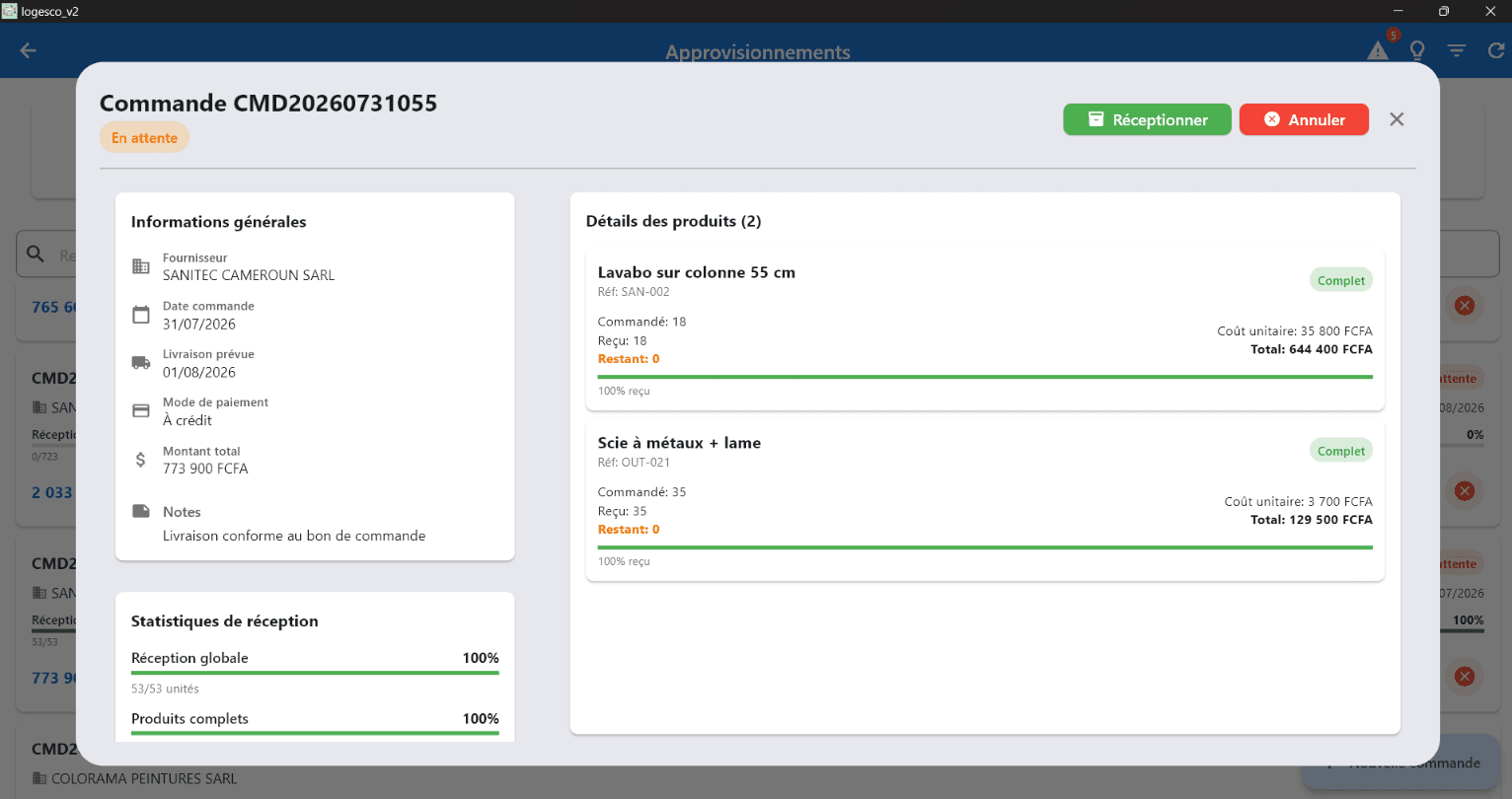 Detail of a Logesco supplier order with received and remaining quantities per product
