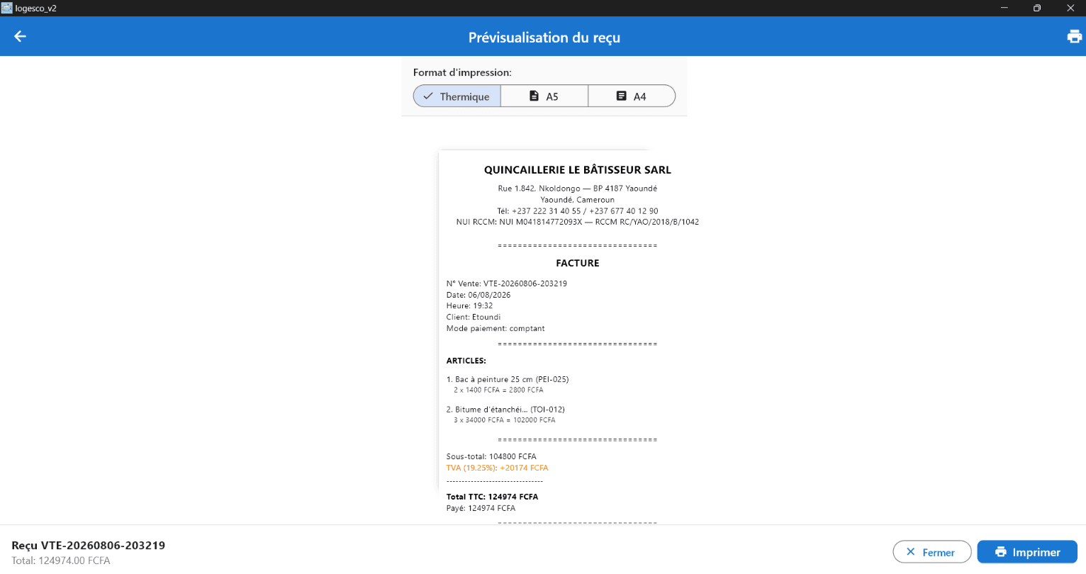 Logesco invoice in thermal format with NUI and RCCM identifiers and VAT