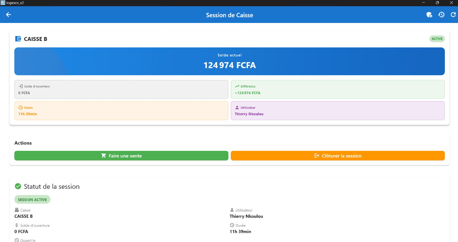 Logesco cash session: opening balance, current balance, variance and responsible operator