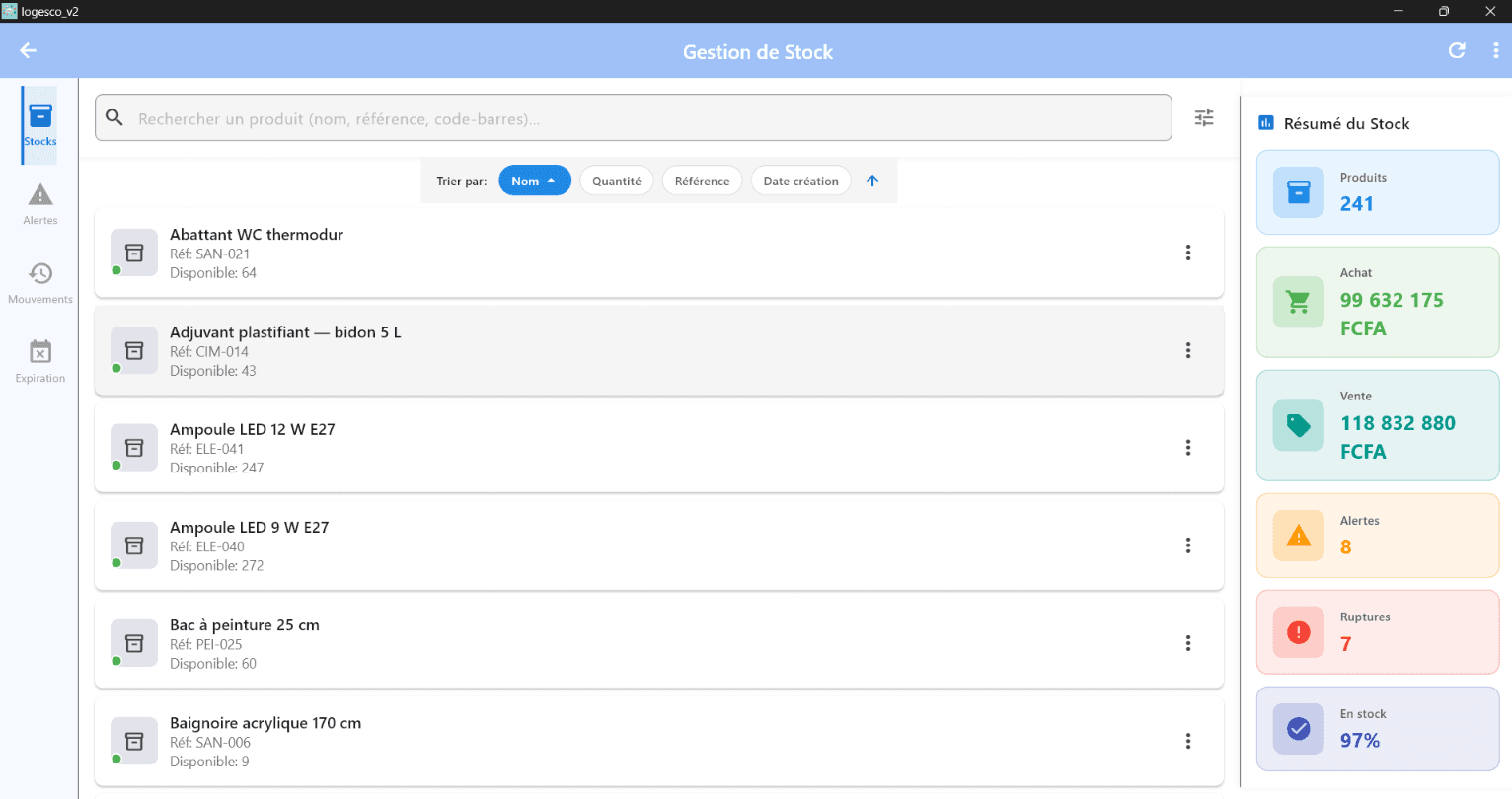 Logesco stock management with summary of threshold alerts and current stock-outs